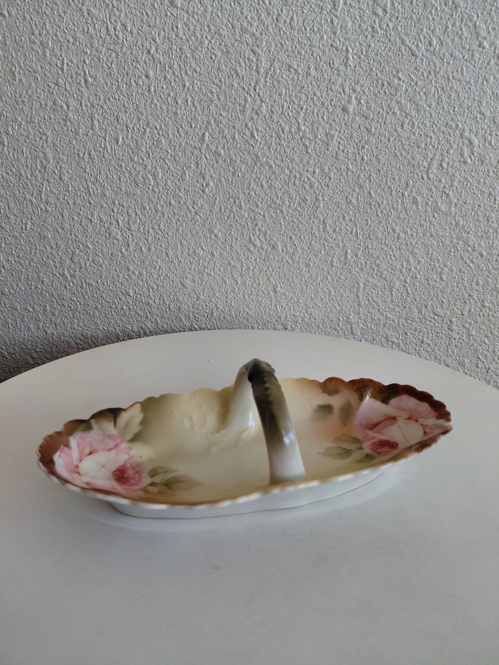 Antique MC Celery Pickle Dish Oval Handled Porcelain Roses Gold Gilt Silesia.